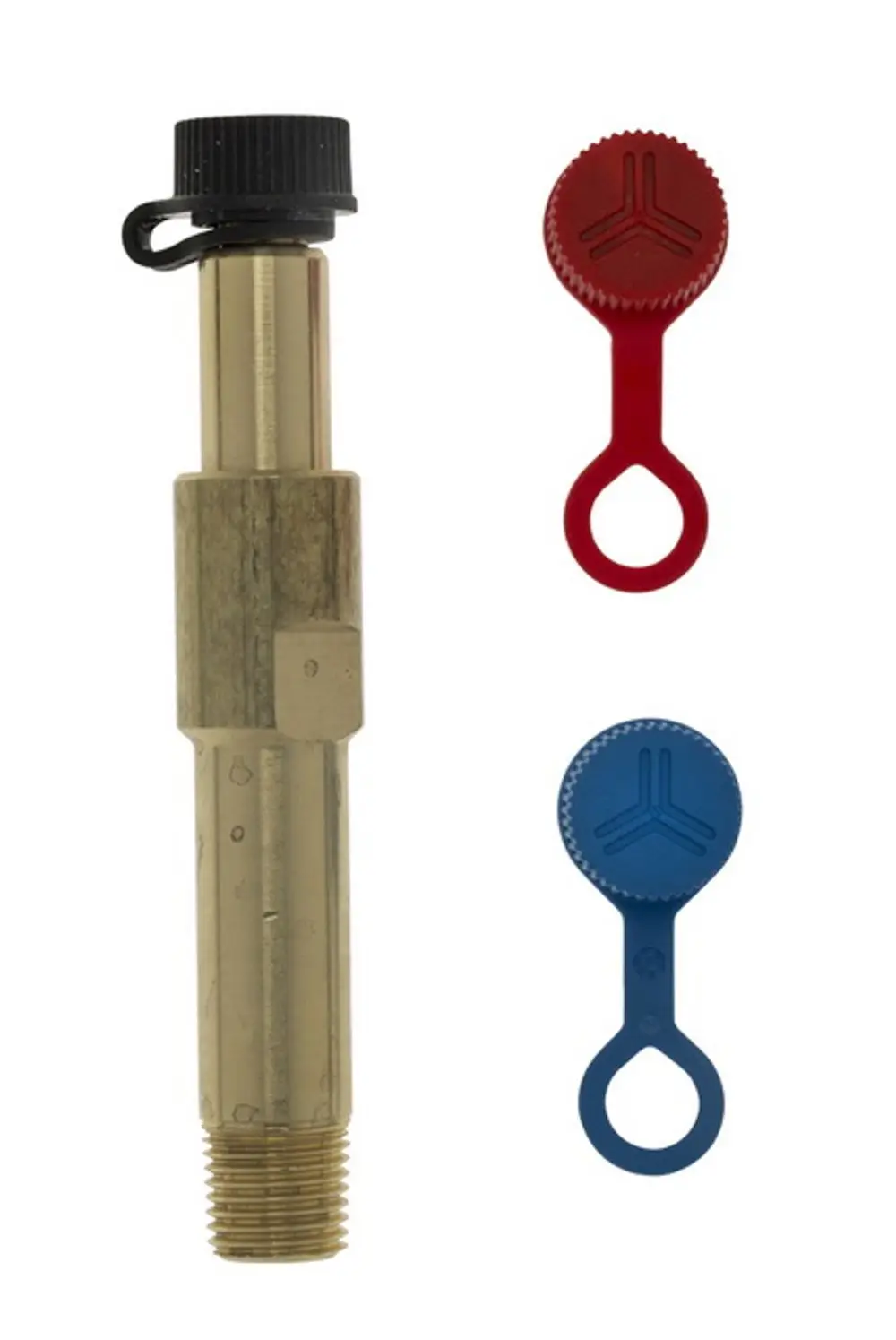 Selbstdichtender Messnippel in messingfarben mit schwarzen, roten und blauen Kunststoffabdeckungen, hergestellt von IMI Hydronic Engineering.